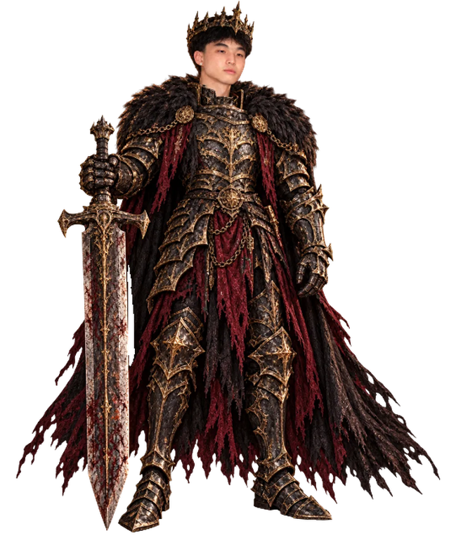 Kimchi Final Boss: a crowned figure in black iron armour with gold trim and a torn crimson cape, holding an oversized sword