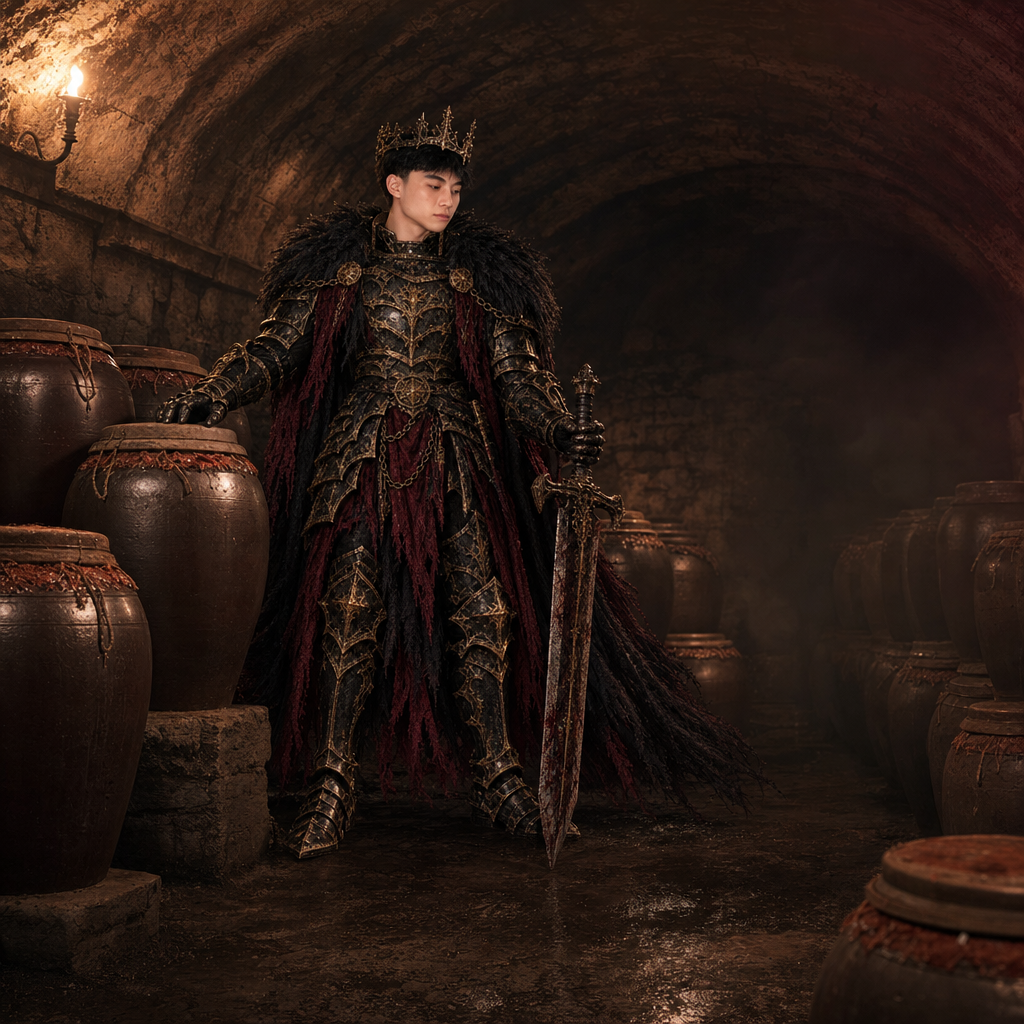 The Final Boss standing among sealed fermentation jars in a candlelit stone vault